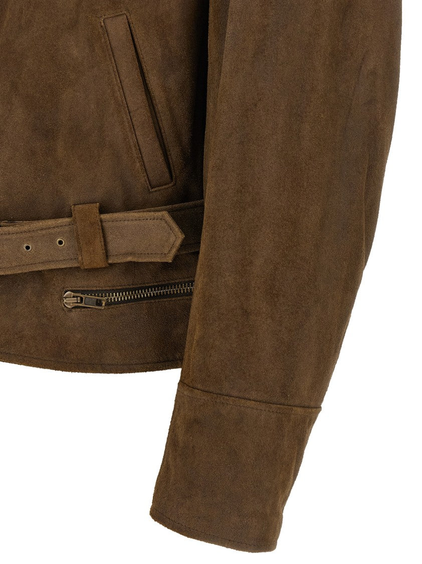Mm6 By Maison Margiela Aged Effect Suede Biker Jacket With Asymmetrical Zip And Quilted Lining