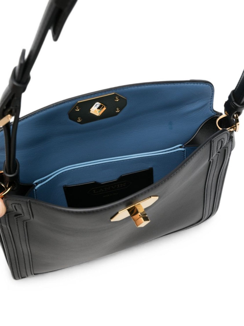 Lanvin Structured Black Leather Shoulder Bag With Logo Plaque