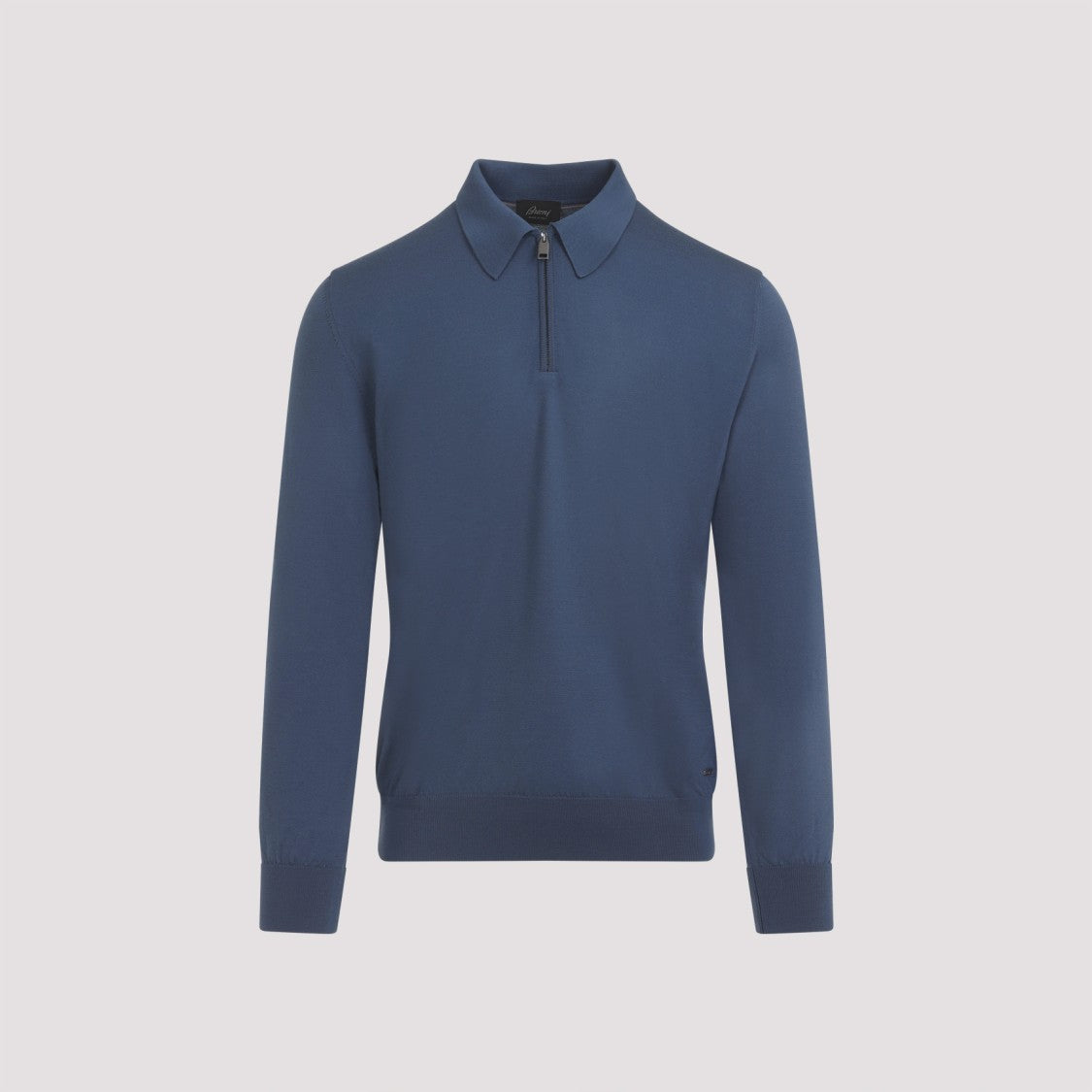 Brioni Long-Sleeve Zip Polo In Nile Blue Wool