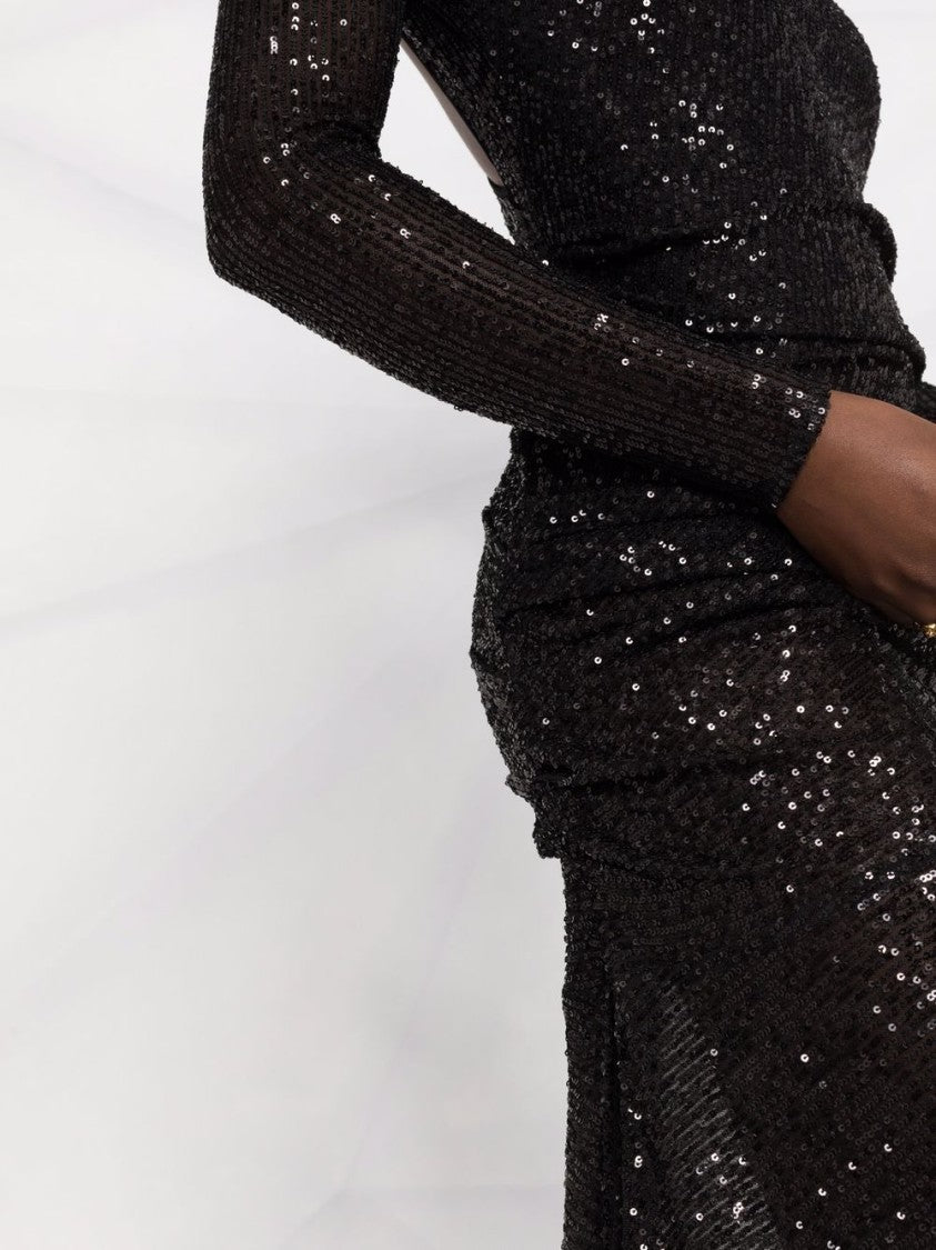 Elisabetta Franchi Fitted Black Sequin Evening Dress With Asymmetrical Back