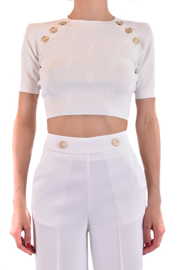 Pinko Cropped White Textured Gold Button Top