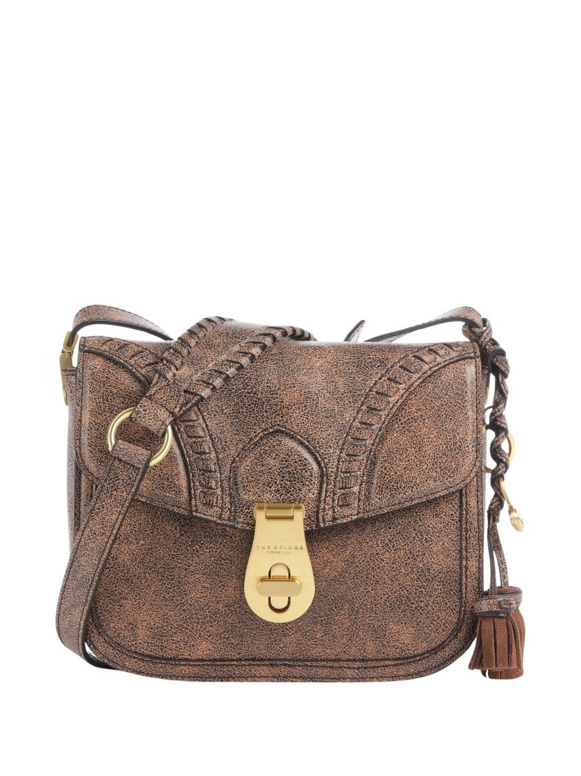 The Bridge Textured Leather Shoulder Bag With Gold Accents And Tassel