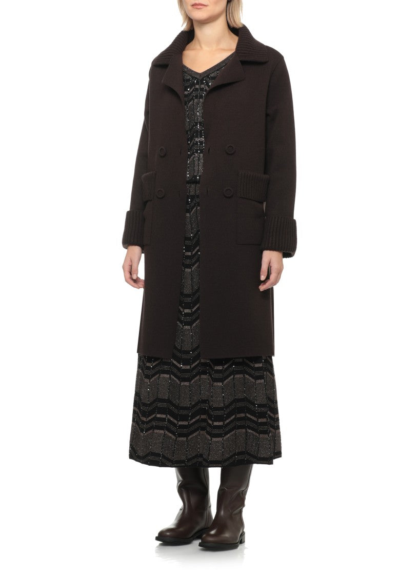 D. Exterior Brown Ribbed Trims Classic Lapel Wool Coat