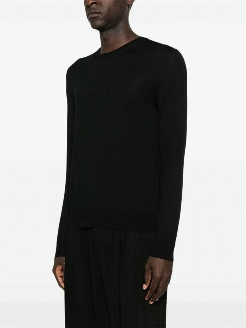 Saint Laurent Crew Neck Black Wool Sweater With Ribbed Detail