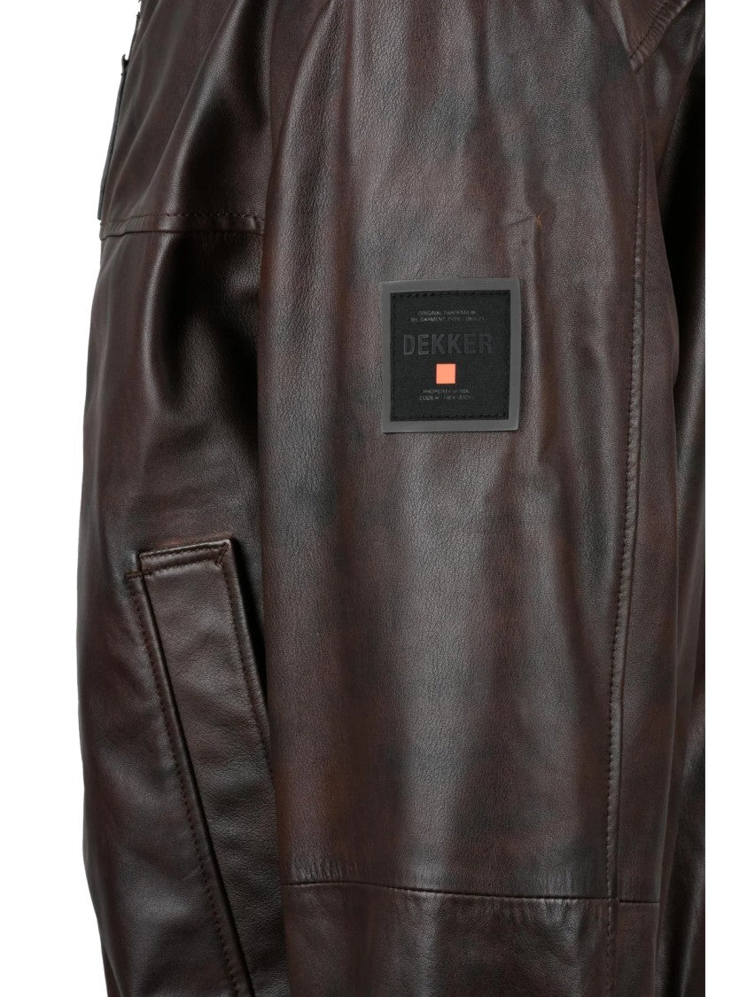 Dekker Brown Leather Jacket With Zip Closure And Ribbed Accents