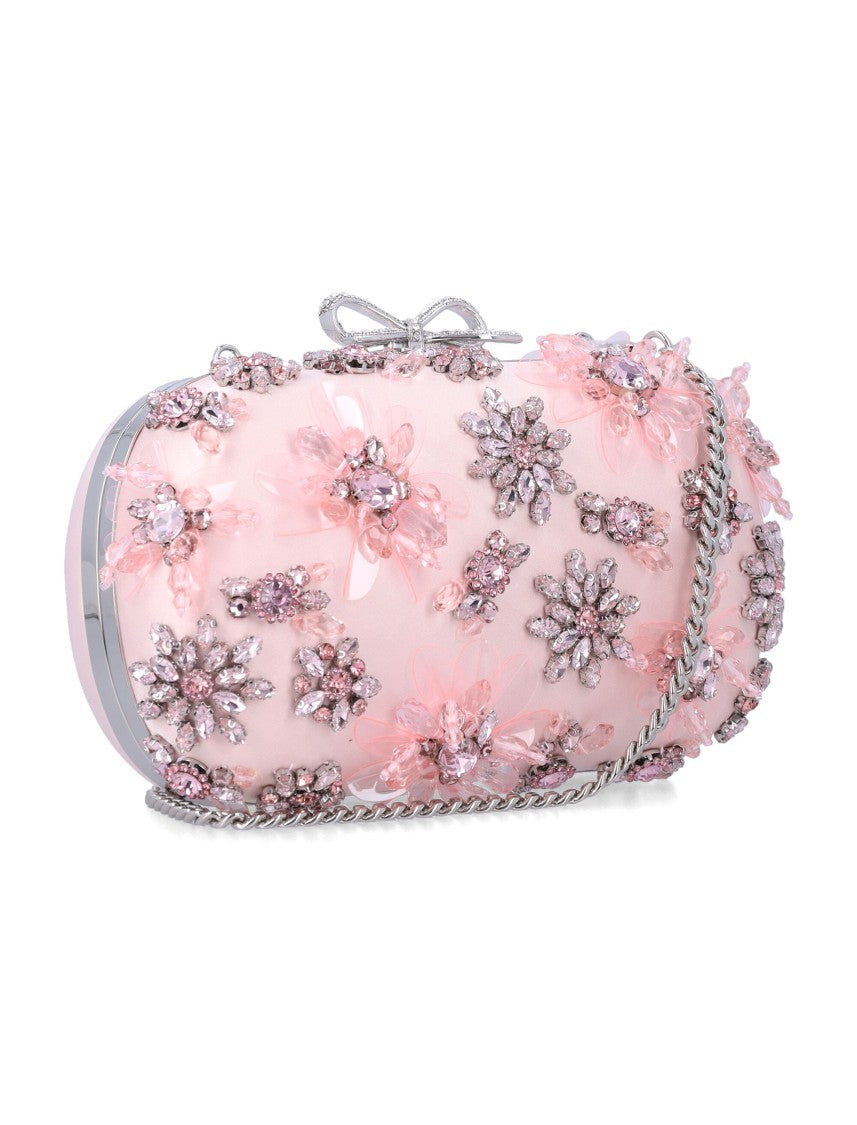 Self-Portrait Pink Satin Floral Clutch With Crystal Embellishments