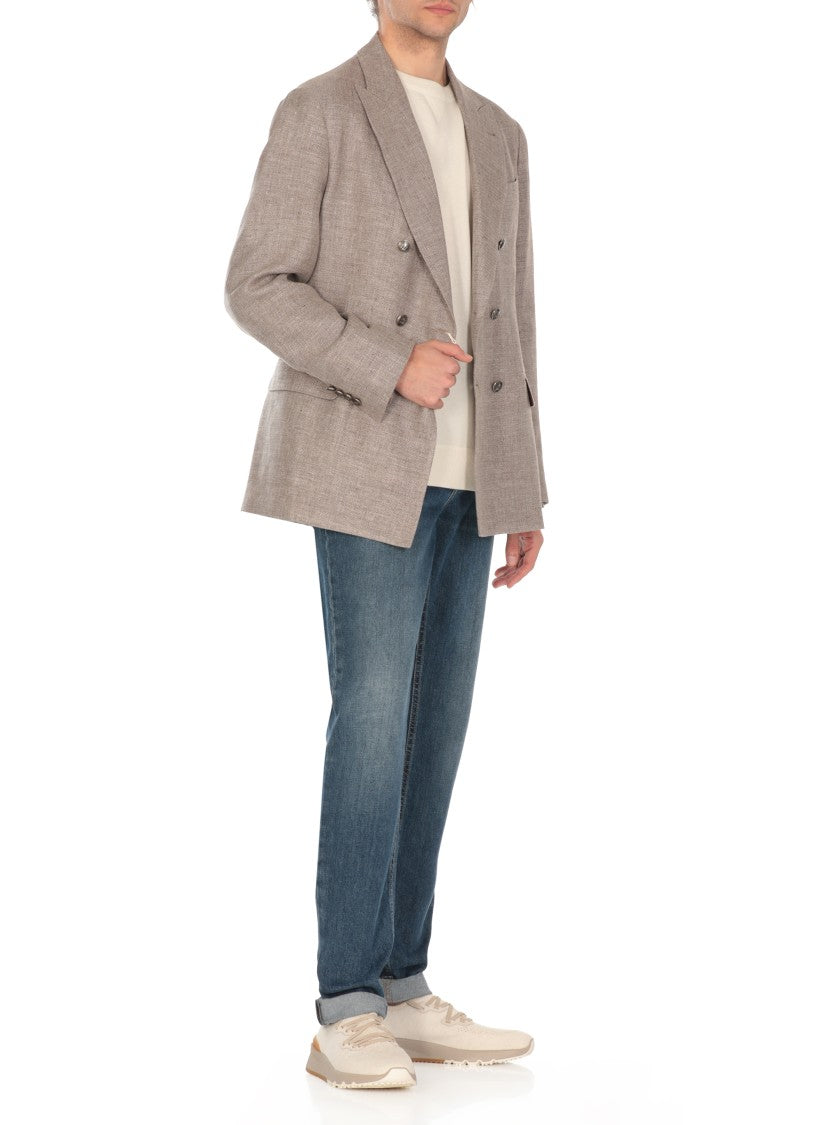 Brunello Cucinelli Beige Linen And Wool Double-Breasted Jacket
