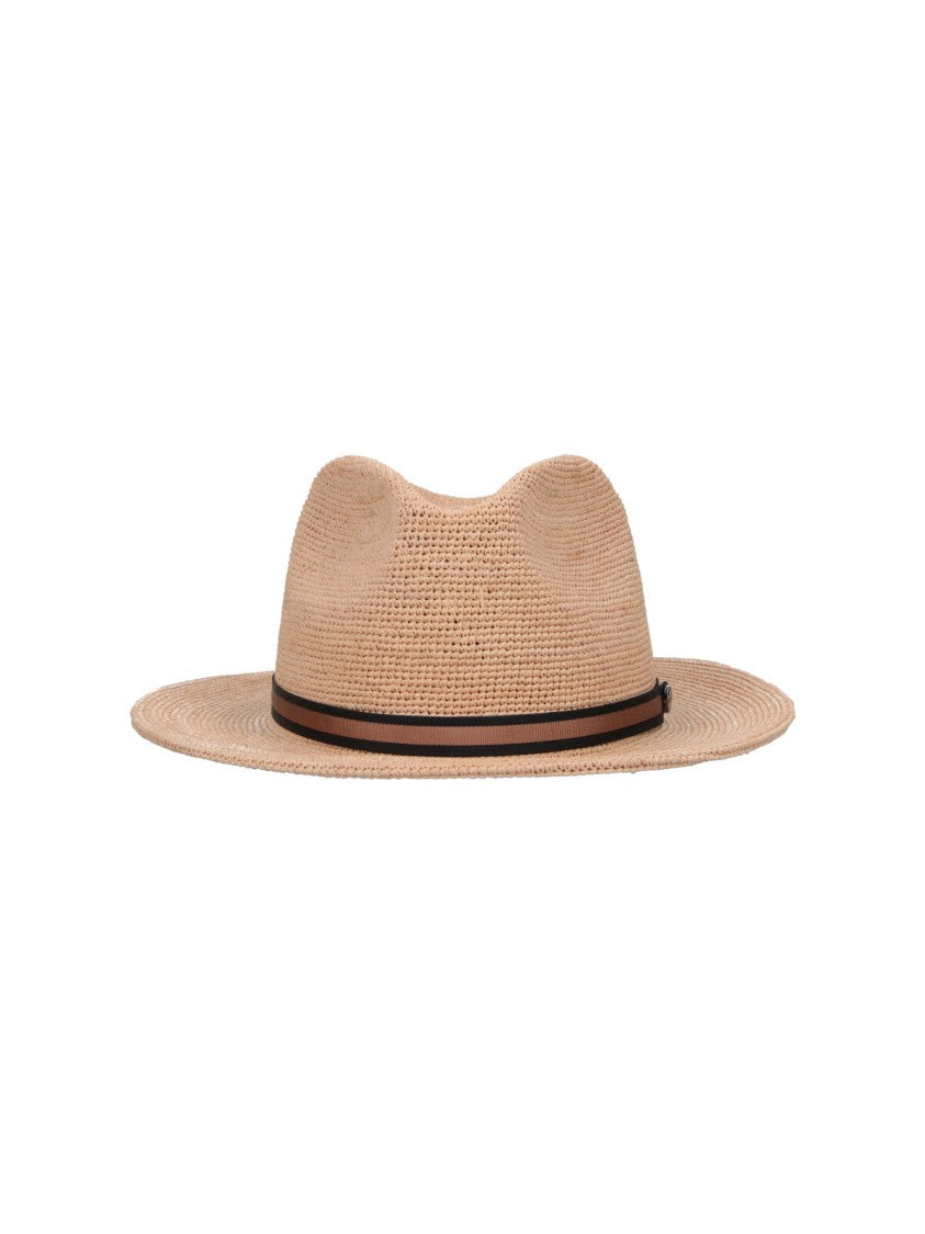 Borsalino Beige Woven Fedora Striped Hat