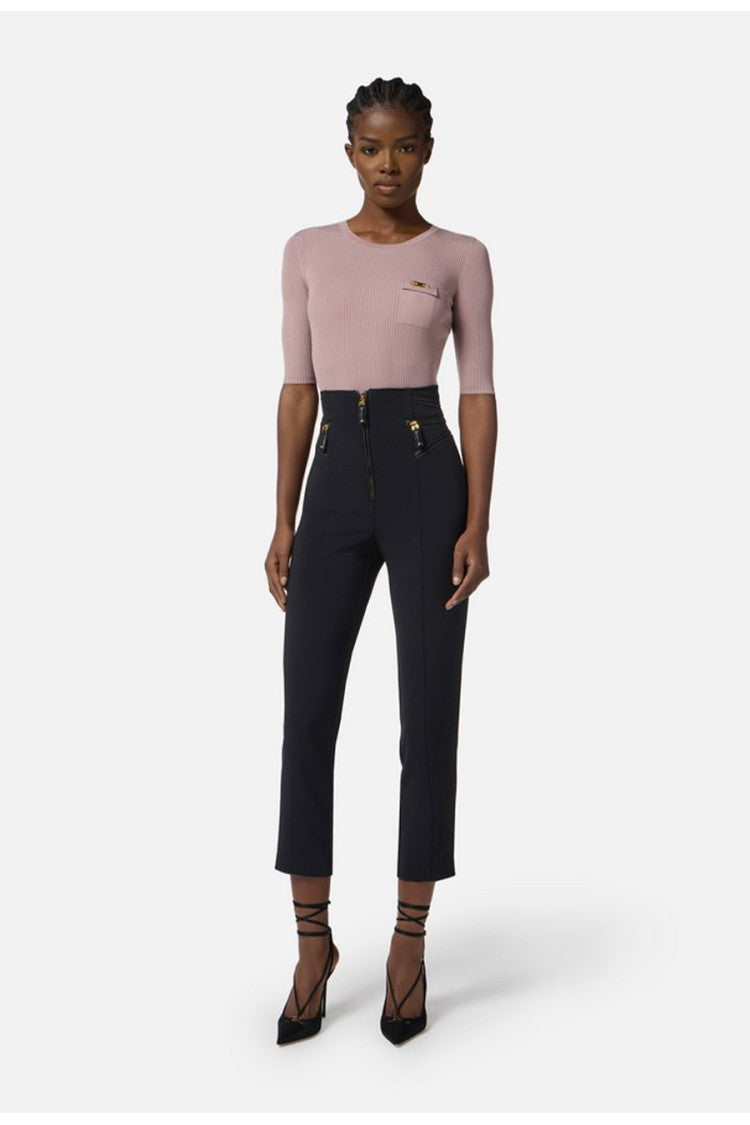 Elisabetta Franchi Black Front Zip Pocket Detail Polyester-Wool Cropped Pants