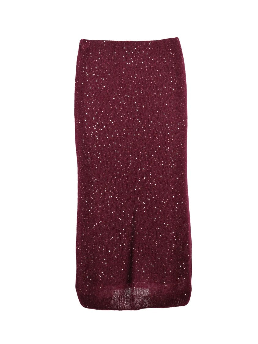 Nude Red Polyester Elasticated Rhinestone Knit Midi Skirt