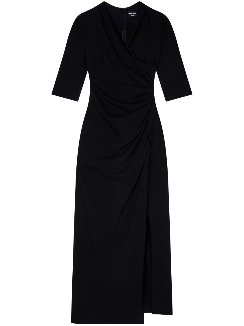 Giorgio Armani Fitted Black Midi Wrap Draped Dress