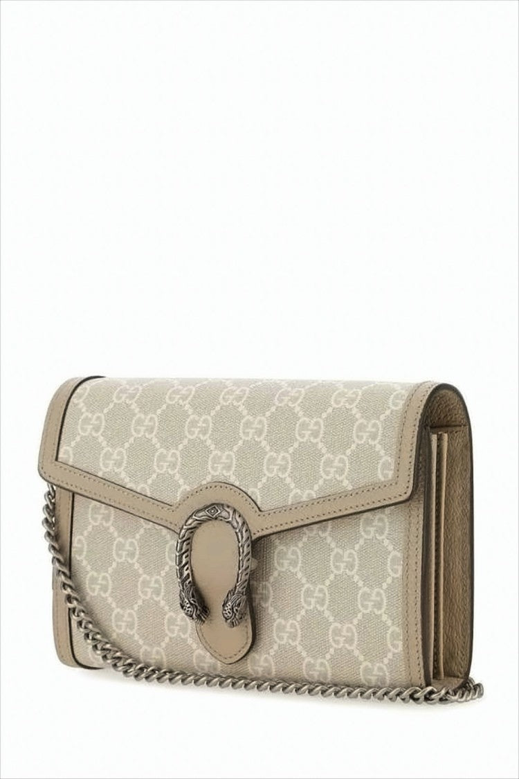 Gucci Beige Canvas Wallet With Interlocking G Pattern And Chain Strap