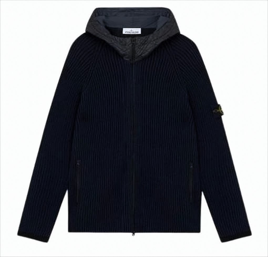 Stone Island Ribbed Knit Cardigan With Quilted Hood