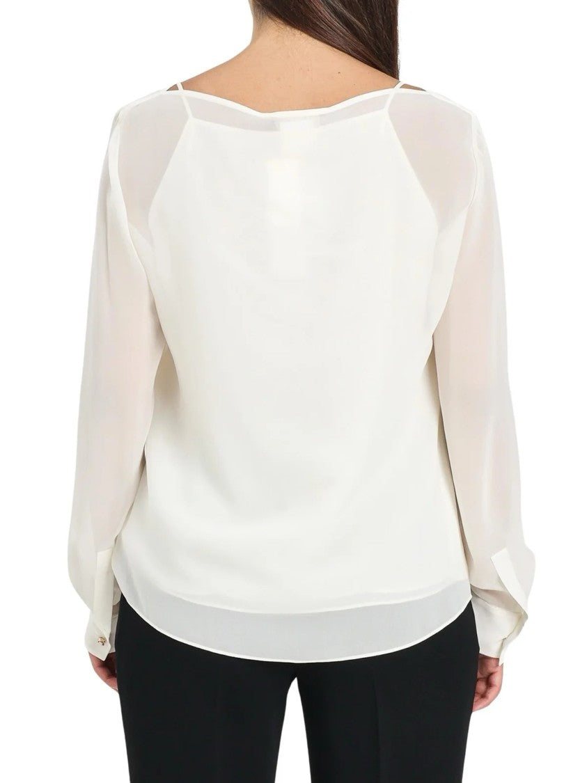 Max Mara Fluid Silk Blouse With Sheer Sleeves And Boat Neckline