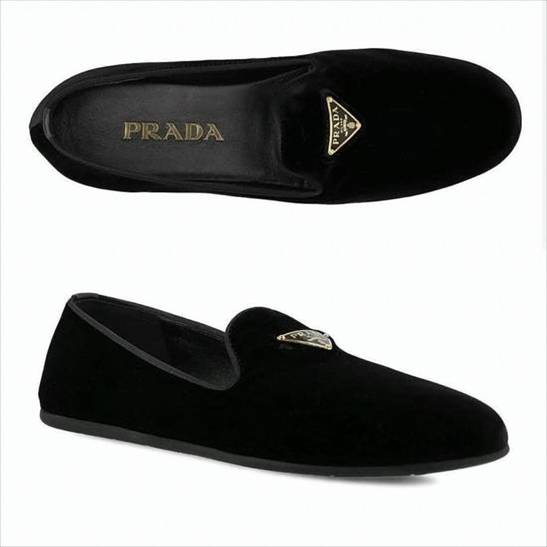 Prada Velvet Loafers With Triangular Emblem And Rubber Sole