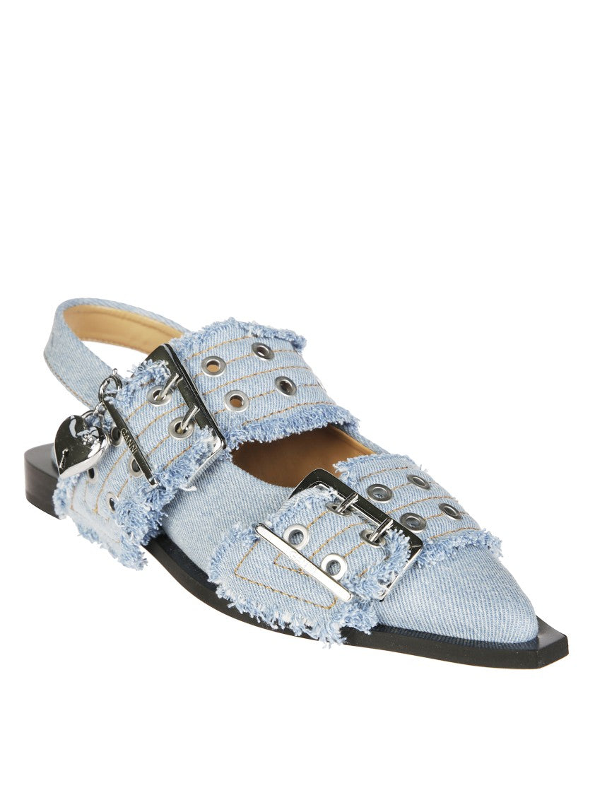 Ganni Pointed Toe Denim Sandals With Frayed Straps