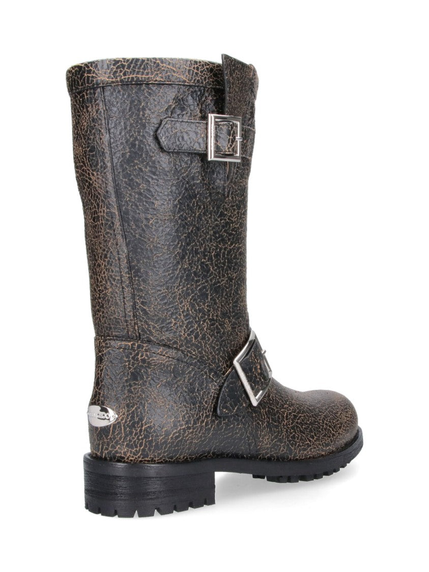 Jimmy Choo Distressed Leather Mid-Calf Boots With Silver-Tone Buckles