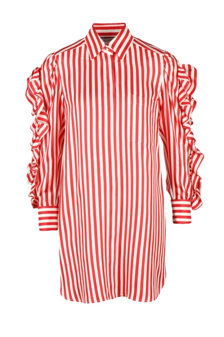Max Mara Red White Manna Ruffled Silk Shirt