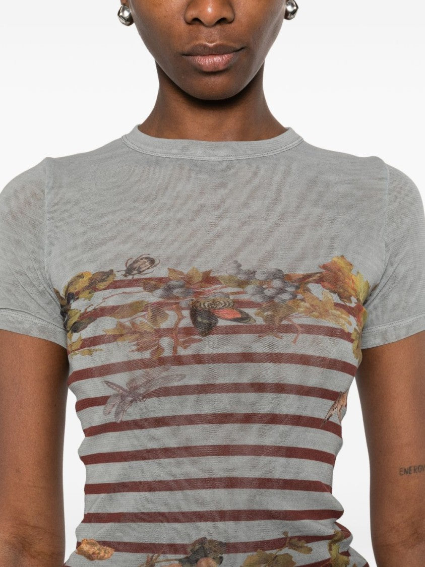 Jean Paul Gaultier Short-Sleeve Fitted Top With Floral Motif And Stripes