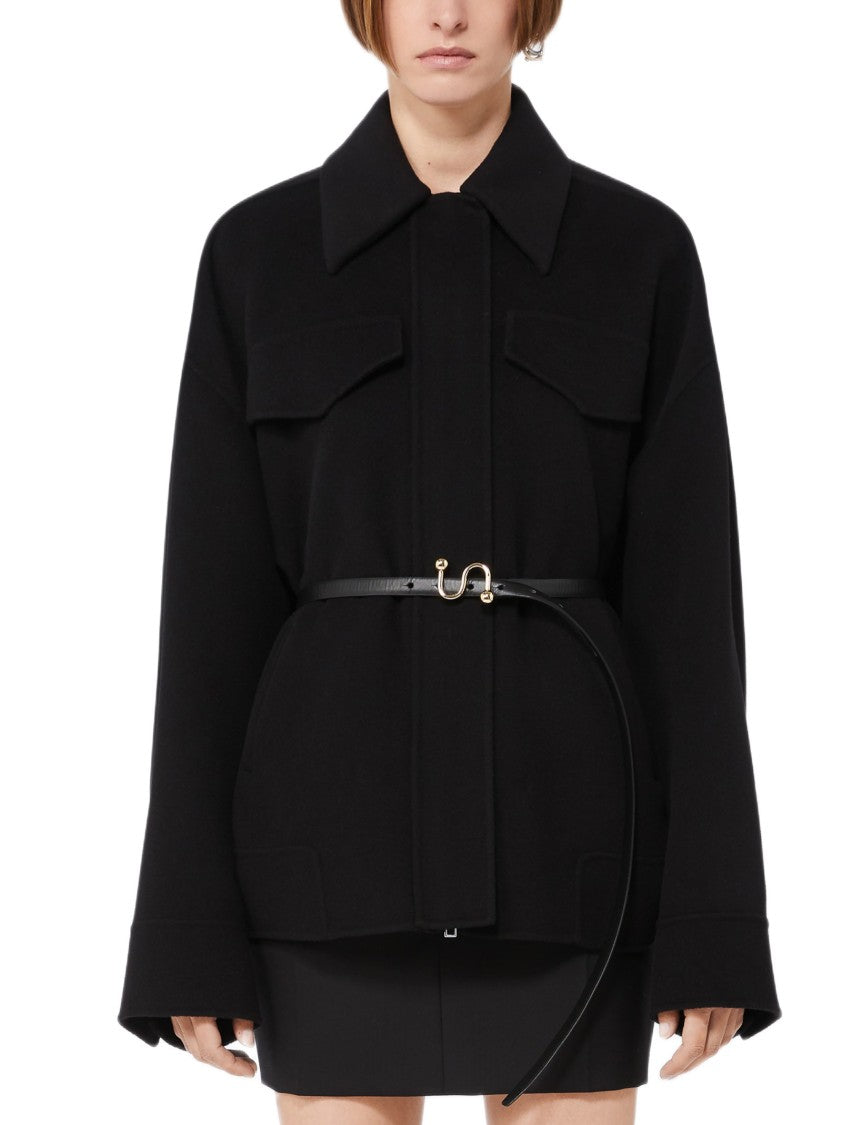 Sportmax Double Wool Caban With Shirt Collar And Leather Belt