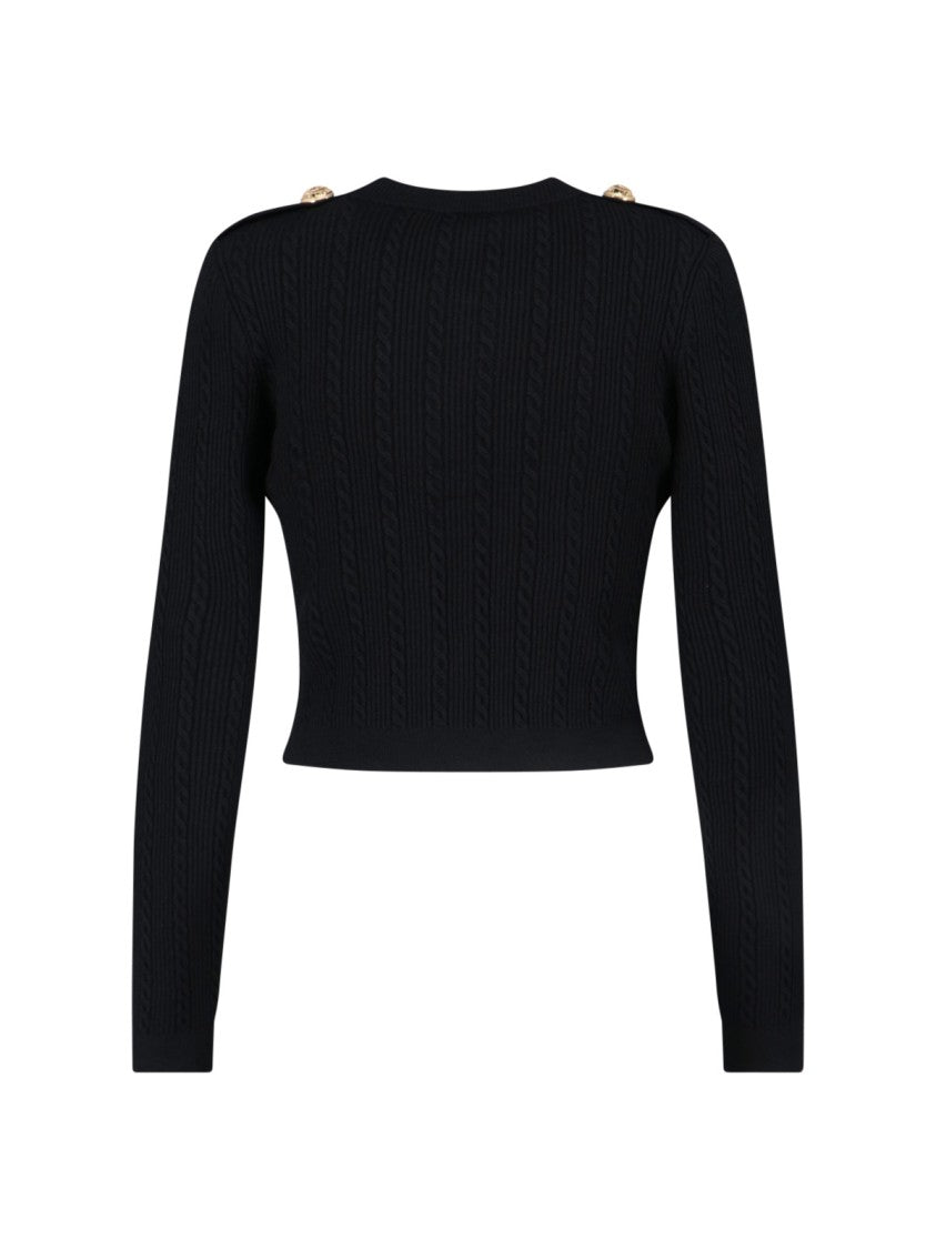 Balmain Structured Shoulder Black V-Neck Cardigan With Decorative Buttons