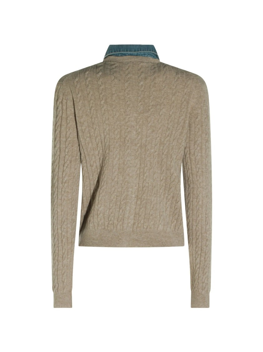 Miu Miu Cable Knit Wool Cashmere Cardigan With Denim Collar