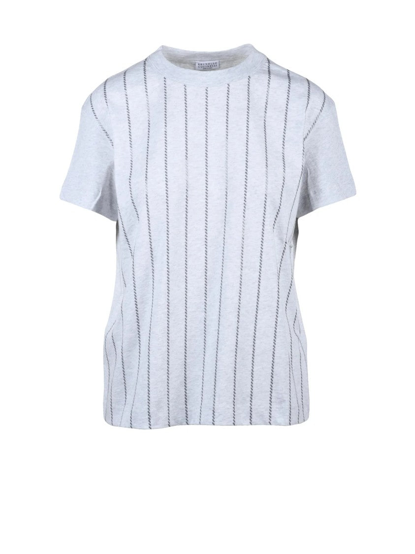 Brunello Cucinelli Light Grey Cotton Striped T-Shirt