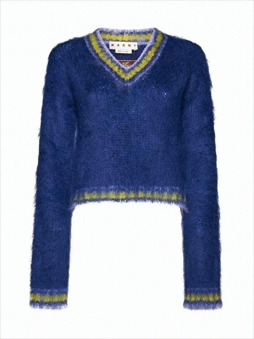 Marni Cropped Fuzzy Sweater With V-Neckline And Contrasting Trim
