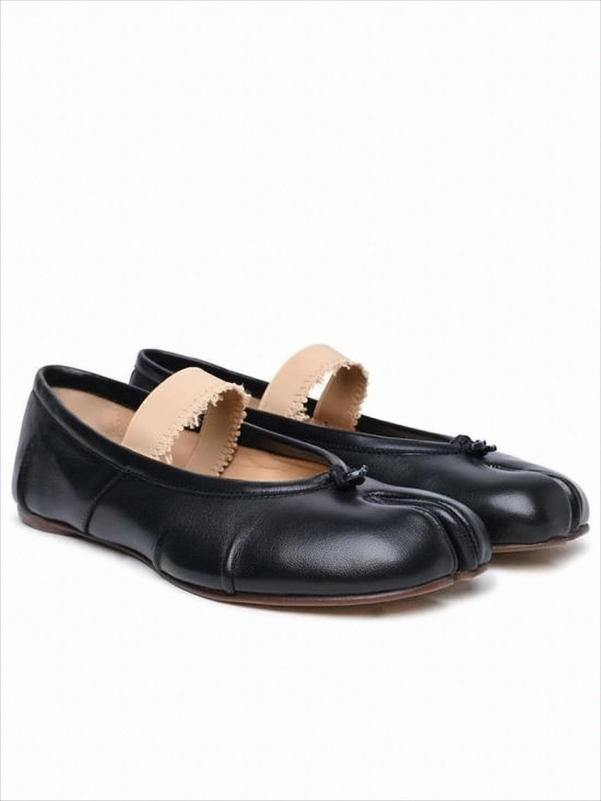 Maison Margiela Split-Toe Black Lambskin Flat Shoes With Bow Detail