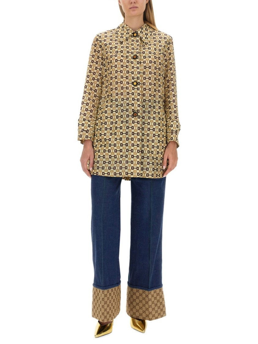 Gucci Horsebit Print Long Coat With Structured Silhouette