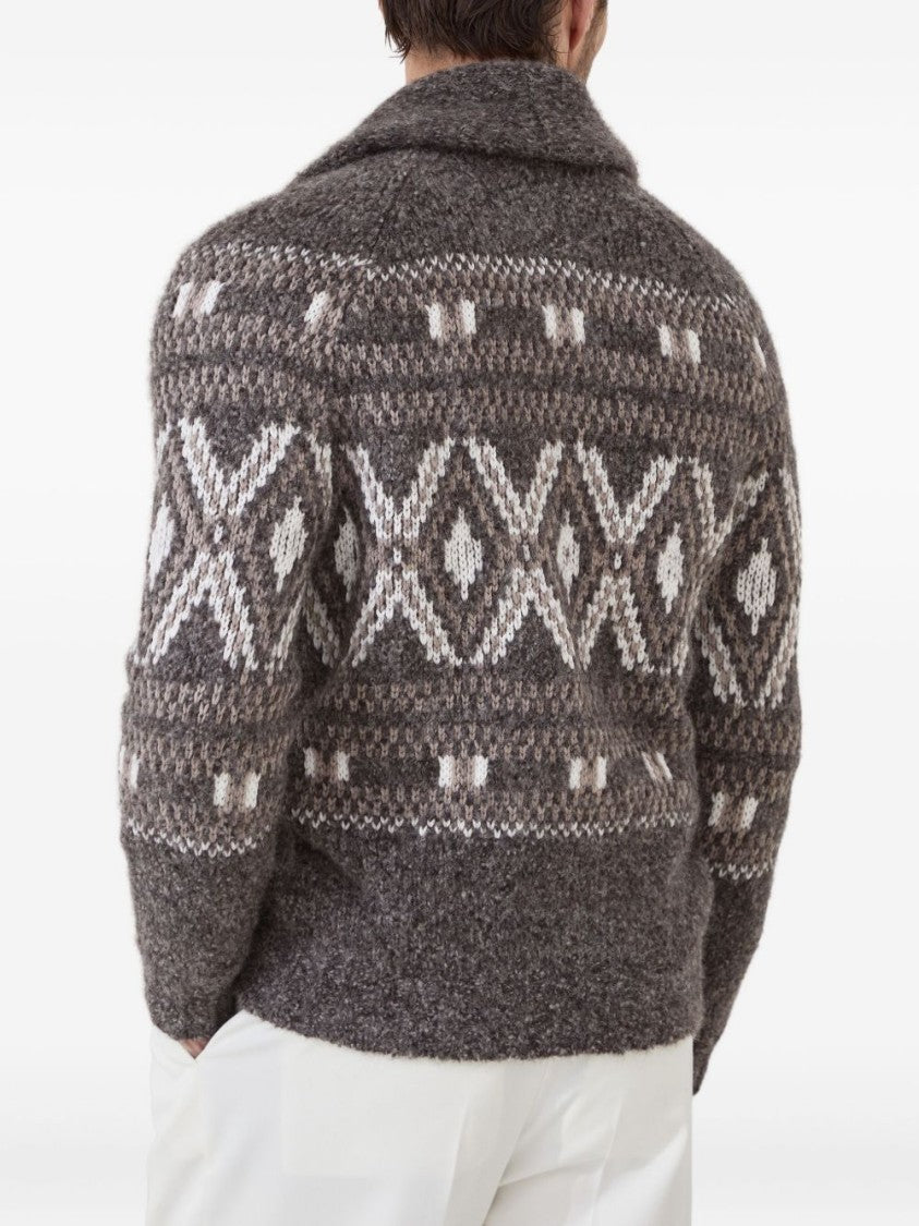 Brunello Cucinelli Shawl Collar Brown Sweater With Button Fastening And Textured Pattern