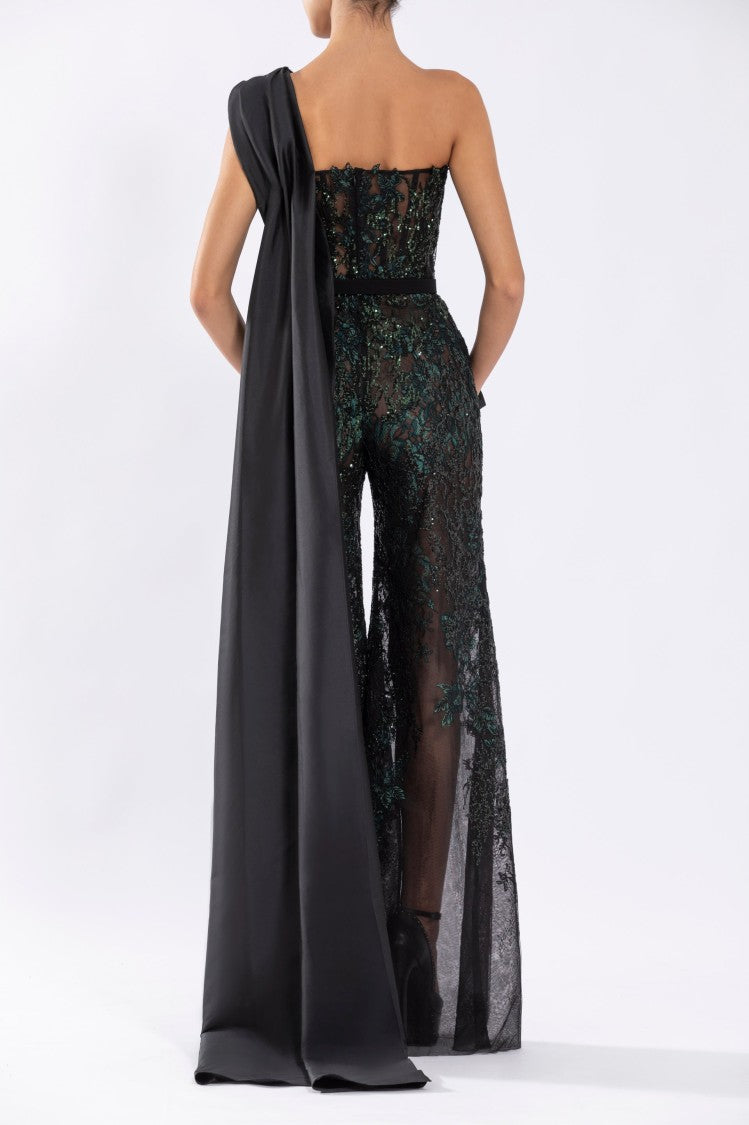 Saiid Kobeisy Tulle Jumpsuit With Beading And Taffeta Tail