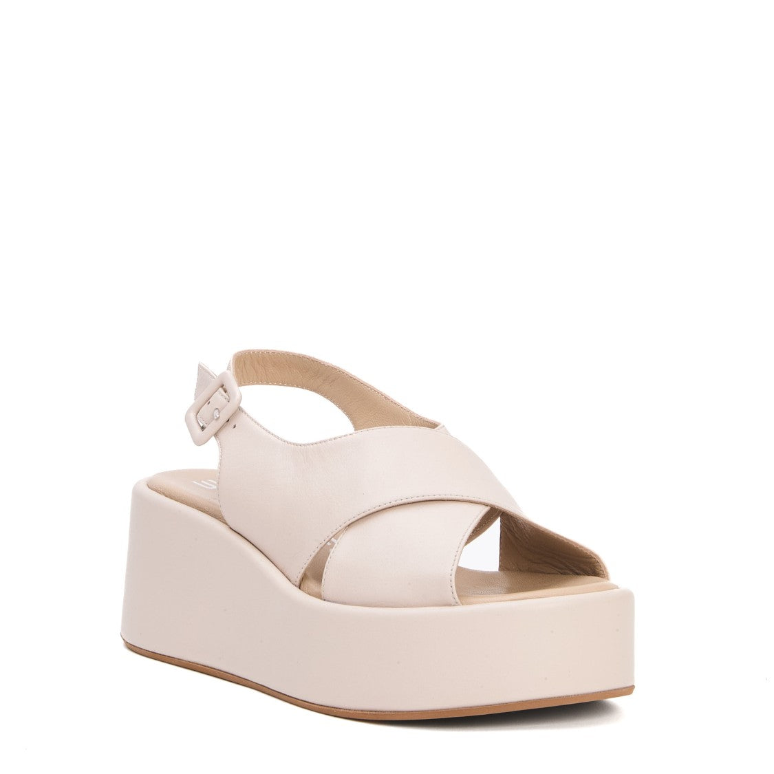 Strategia Beige Leather Crossover Wedges With Platform Sole