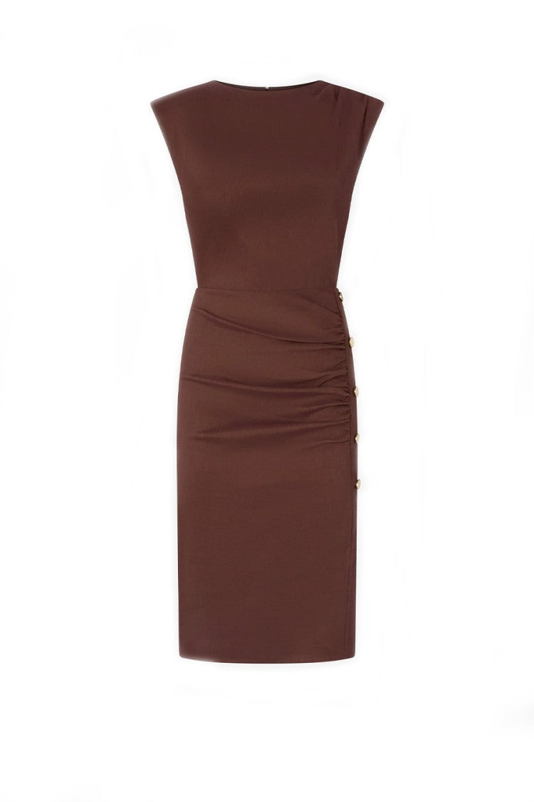 Pinko Brown Alissa Ruched Side Seam Linen-Blend Mini Dress