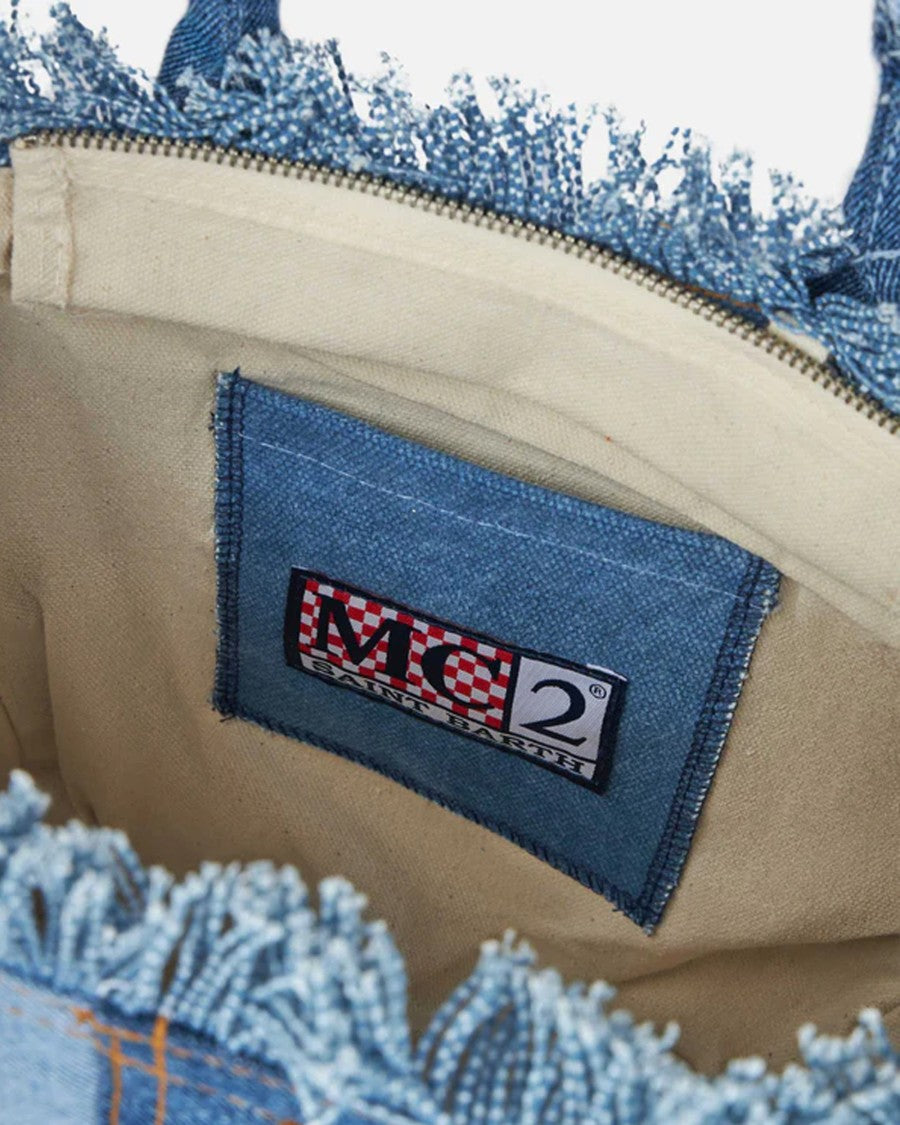 Mc2 Saint Barth Patchwork Denim Tote Bag With Frayed Edges And Internal Zip Pocket