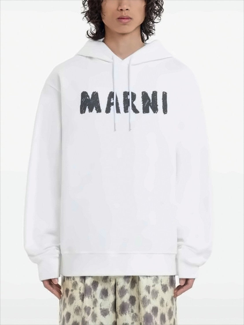 Marni Relaxed Fit White Cotton Hoodie With Textured Logo Print