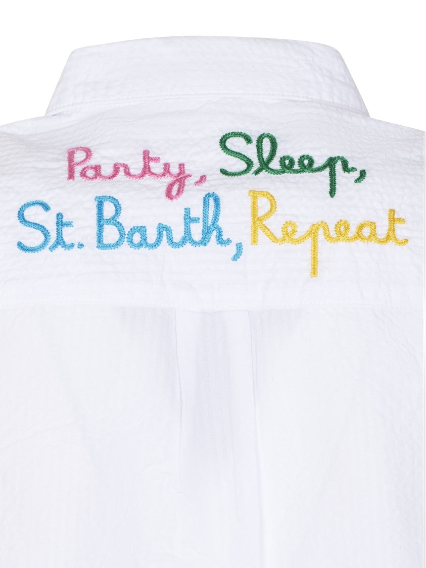Mc2 Saint Barth White Seersucker Shirt With Embroidered Detail