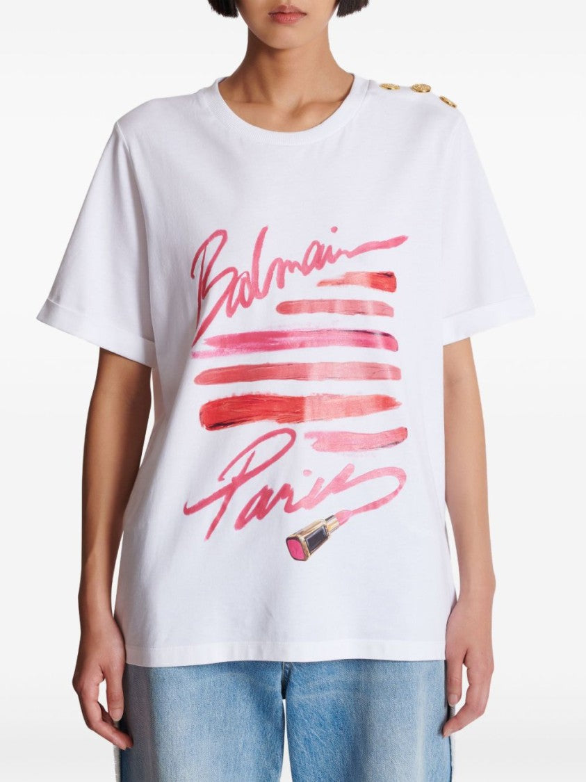 Balmain White Graphic Print Button Detail Top