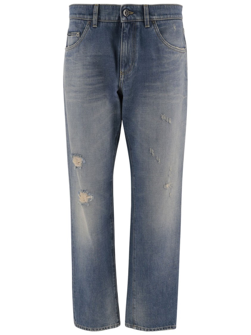 Dolce & Gabbana Washed Blue Cotton Denim Jeans With Distressed Details