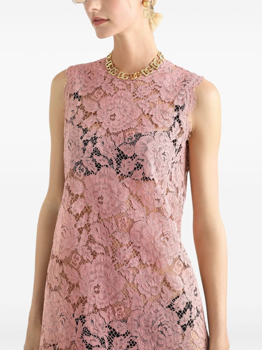 Dolce & Gabbana Floral Lace Overlay Dress With Scalloped Hem
