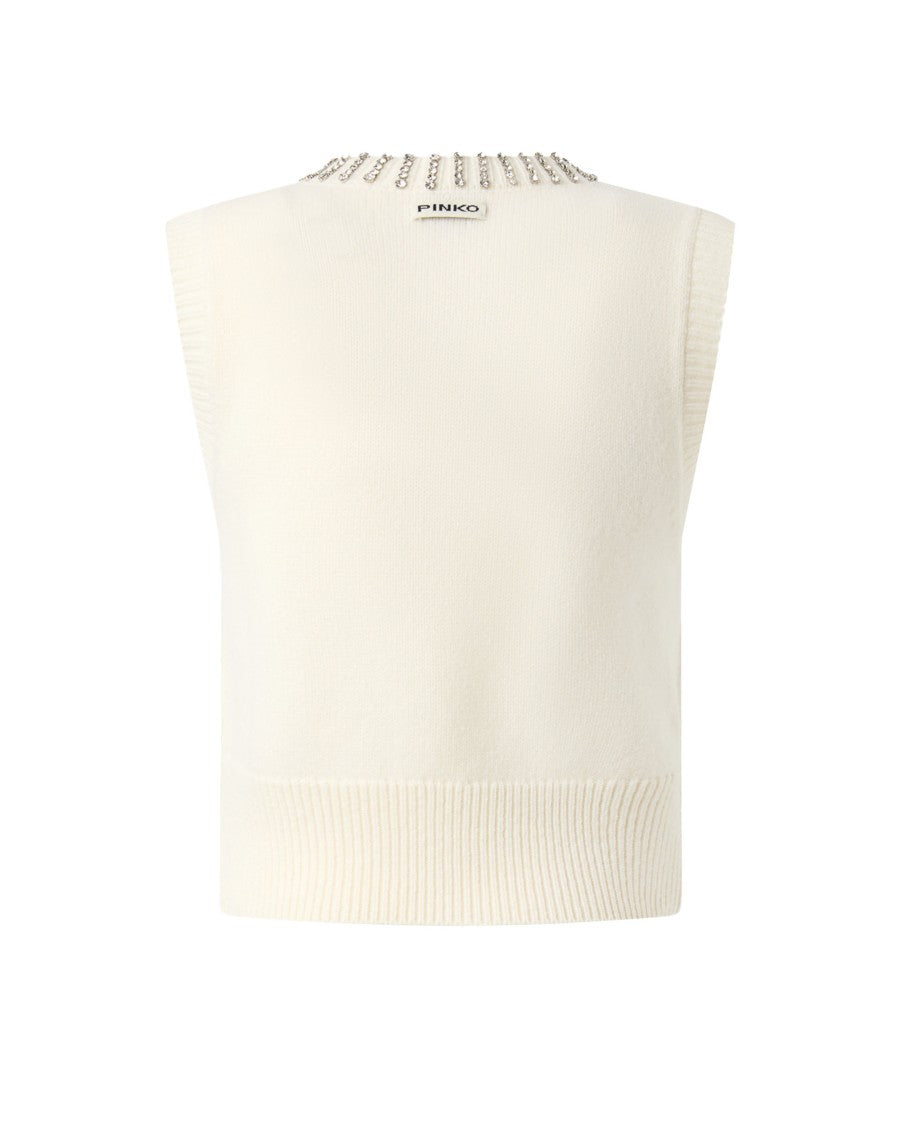 Pinko White Knit Vest With Rhinestones