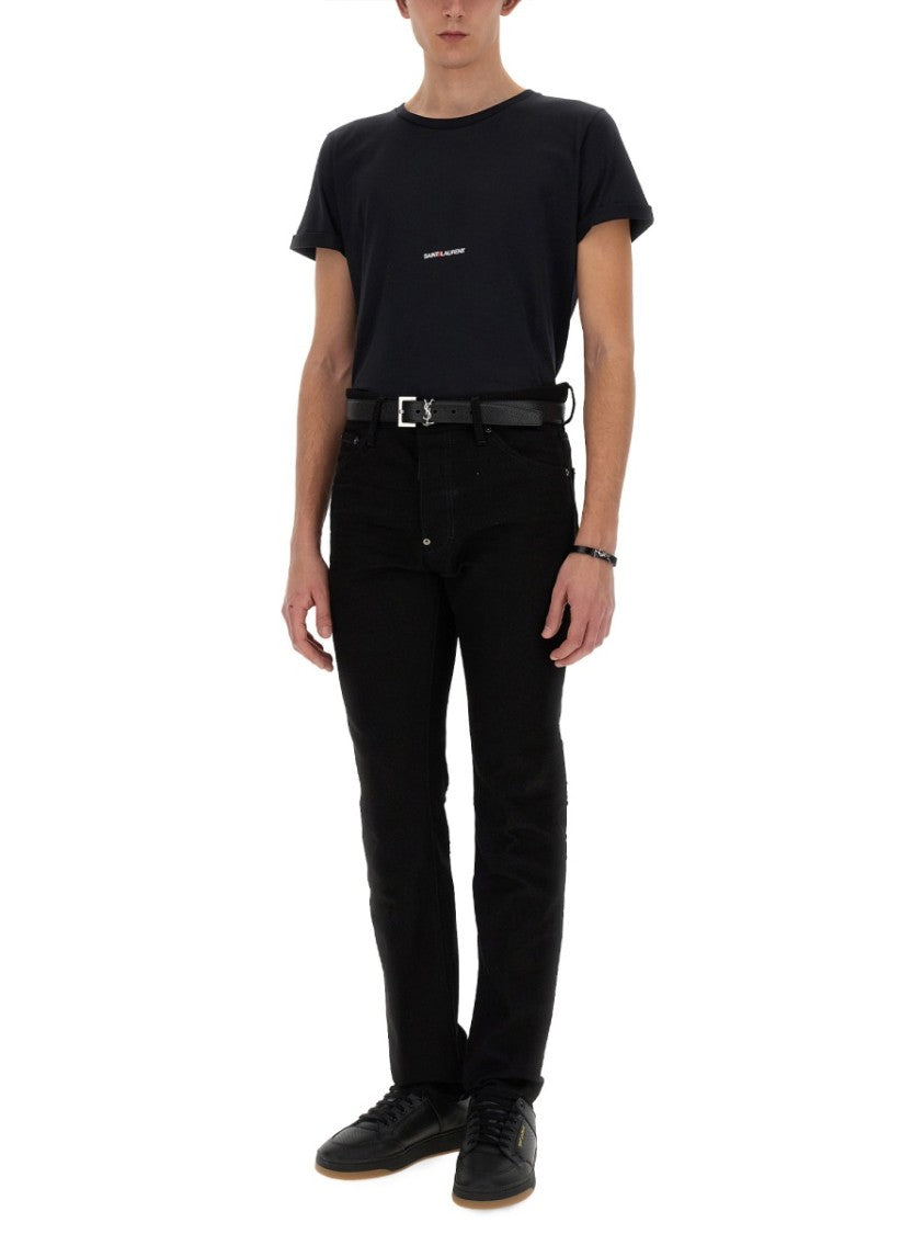 Saint Laurent Black Cotton T-Shirt With Centered Logo Print