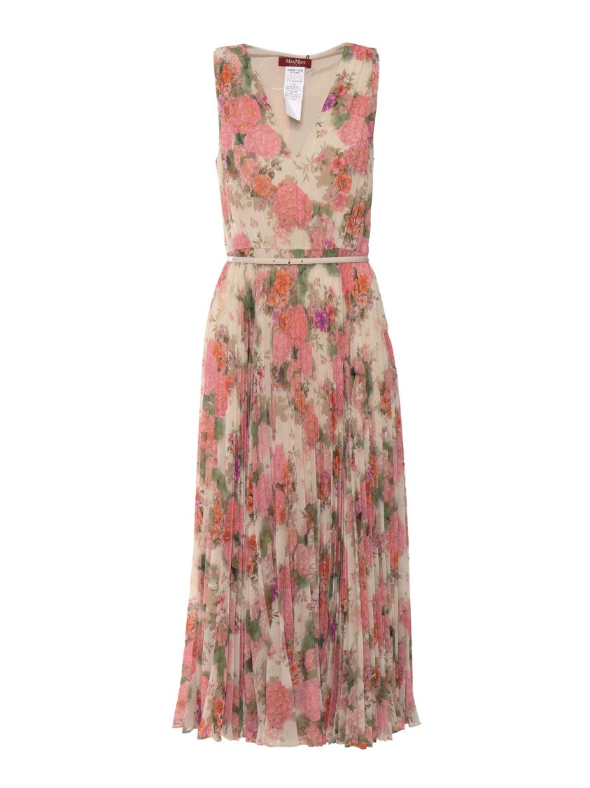 Max Mara Floral Midi Dress With V-Neckline And Pleated Skirt