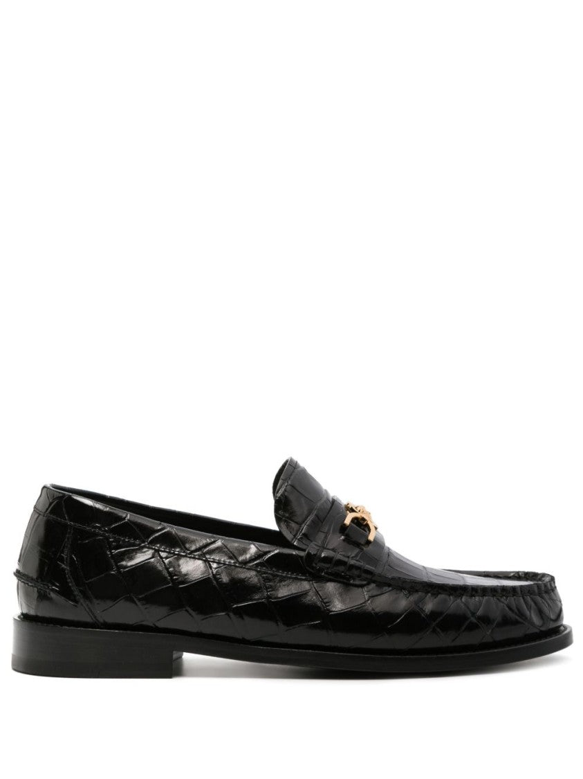 Versace Glossy Black Crocodile-Pattern Flat Shoes