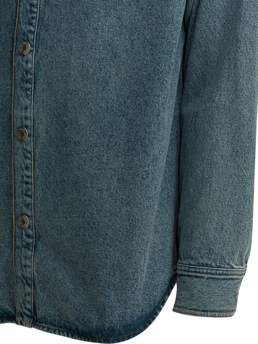 Ami Paris Button-Down Denim Shirt With Textured Finish And Embroidered Patch