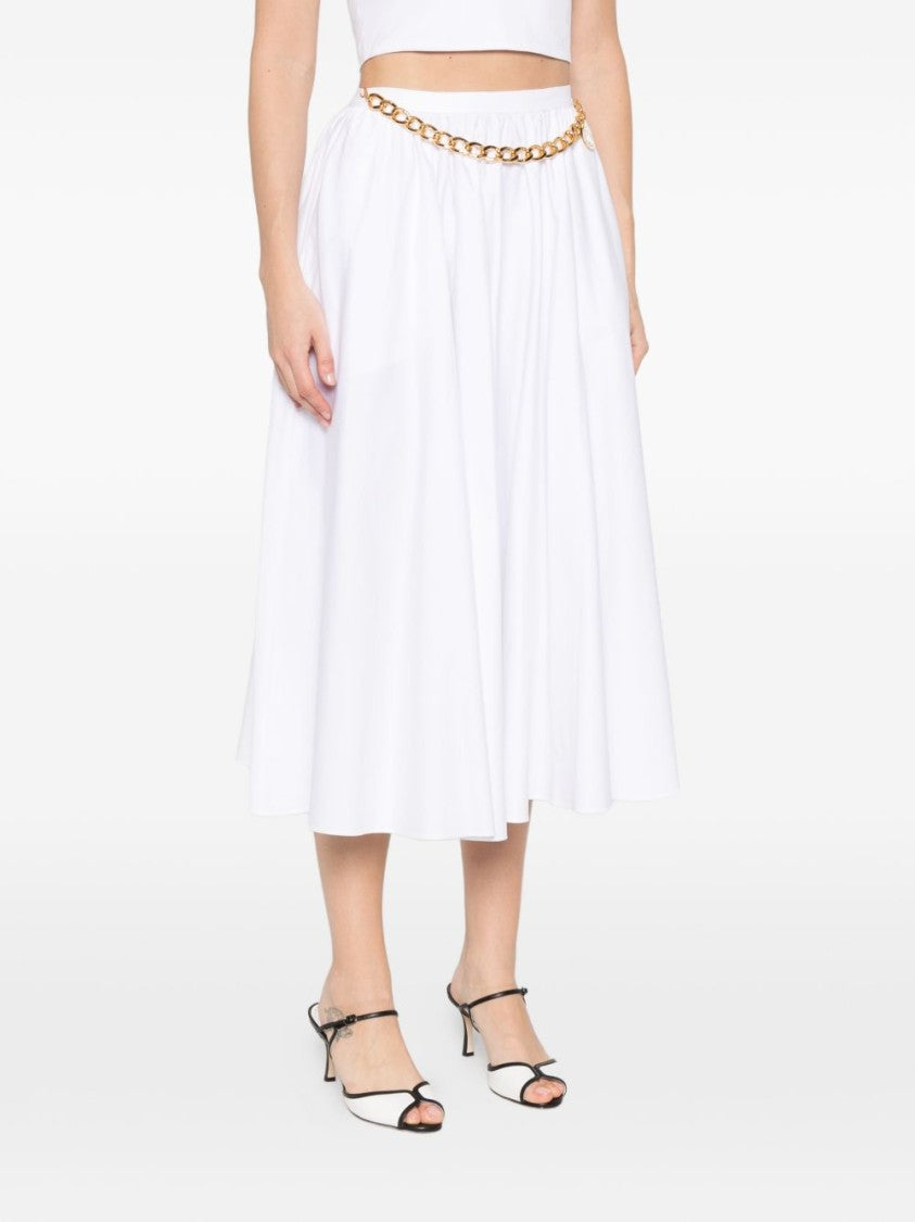 Elisabetta Franchi Flared White Midi Skirt With Gold Chain Detail
