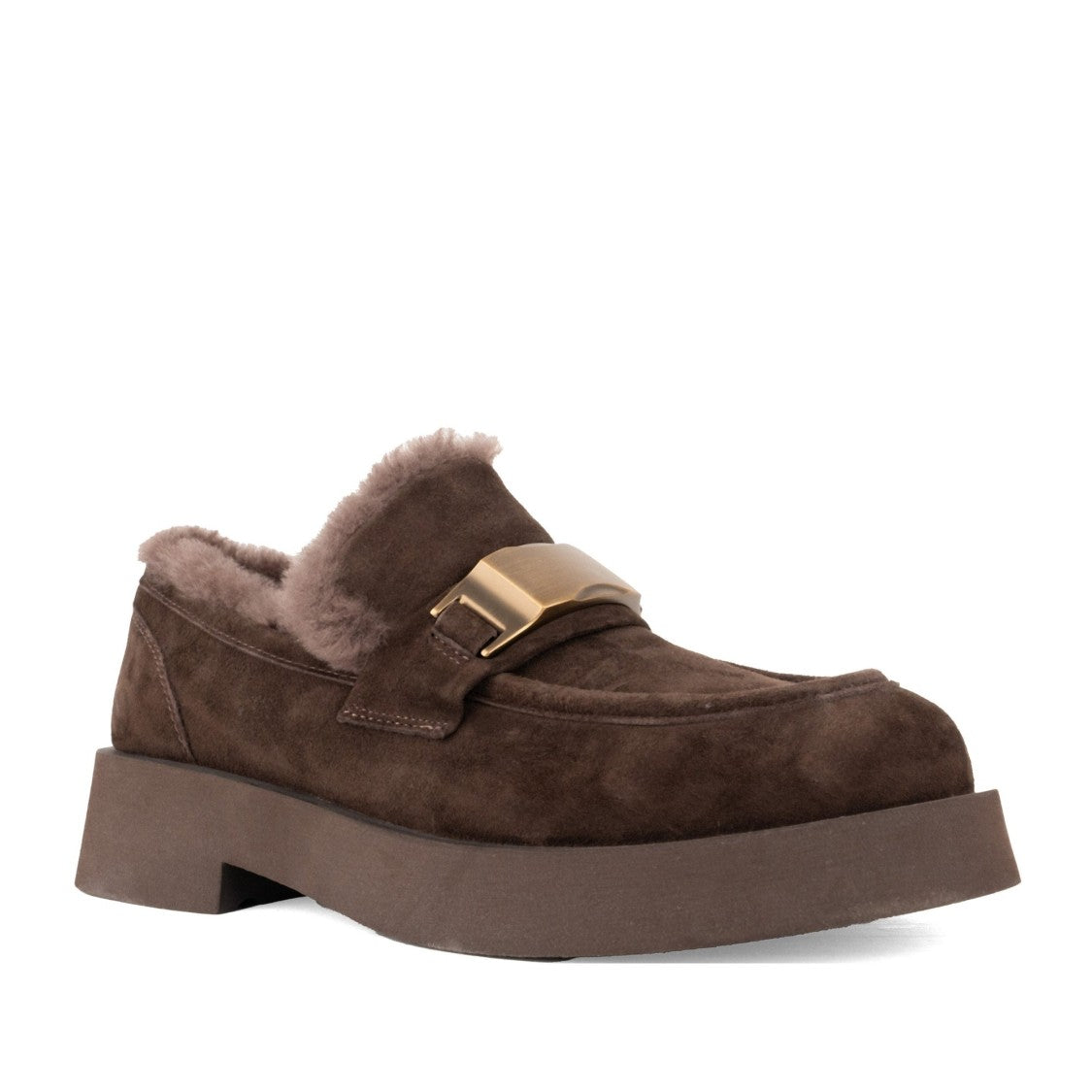 Sergio Moretti Brown Rich Fur-Lined Metallic Buckle Suede Loafers