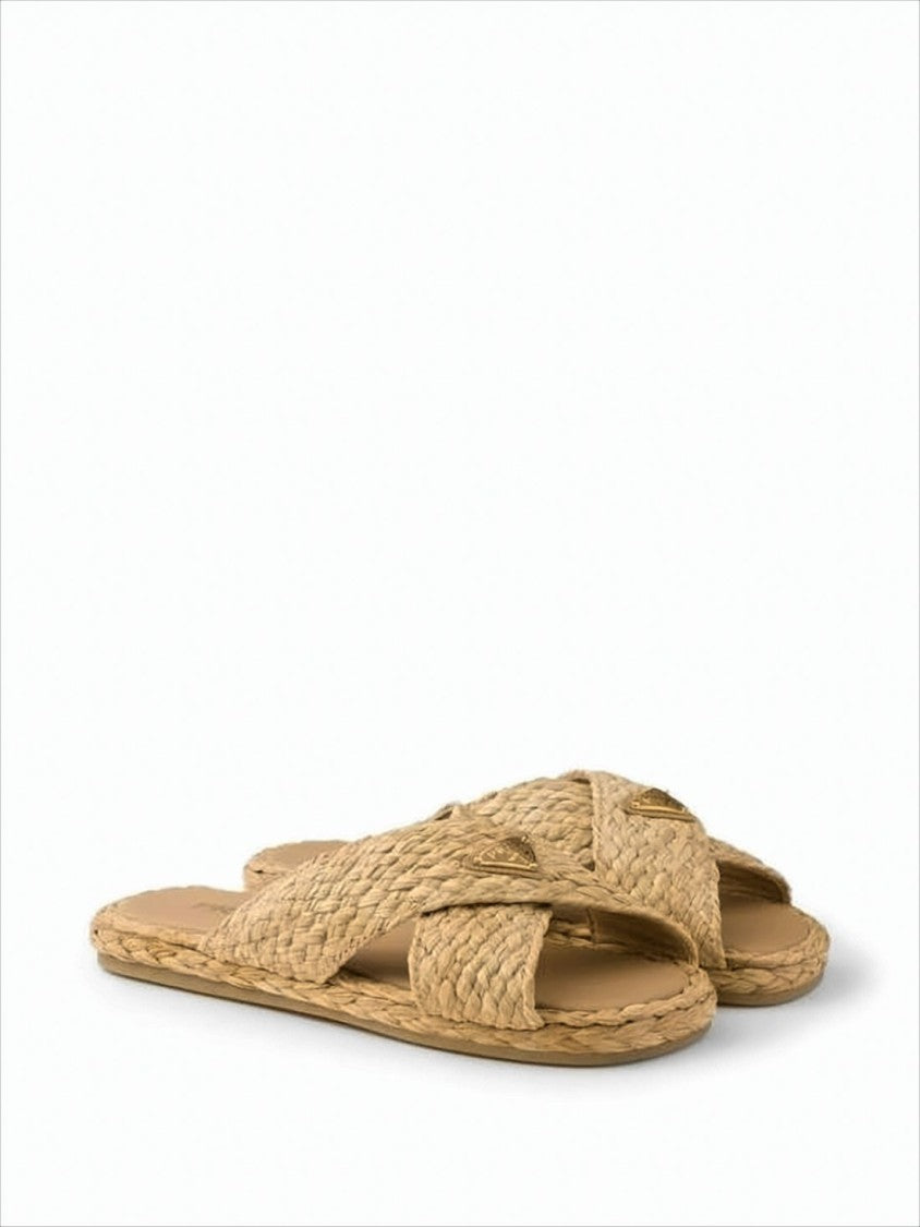 Prada Woven Raffia Slip-On Mules With Triangular Logo Accent