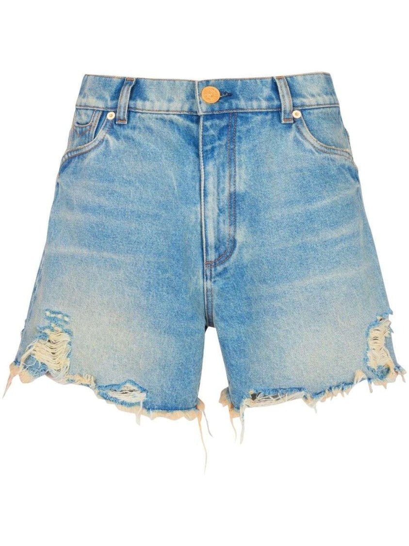 Balmain Mid-Rise Frayed Denim Shorts