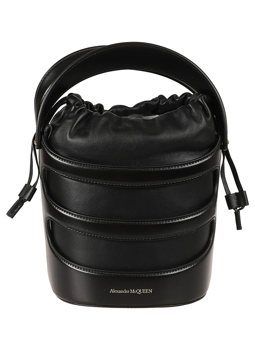 Alexander Mcqueen Structured Black Leather Bag With Drawstring Closure